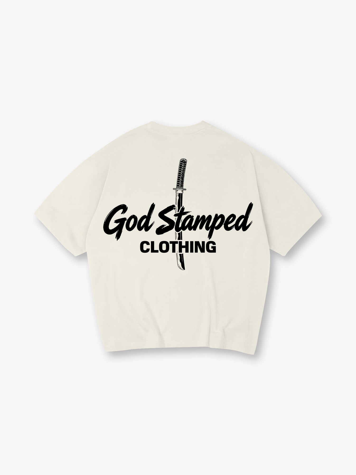 Minimal Katana Sword God Stamped Clothing Text Back Print White Cotton T-Shirt