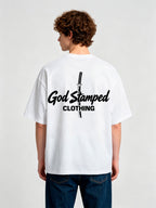 Minimal Katana Sword God Stamped Clothing Text Back Print White Cotton T-Shirt