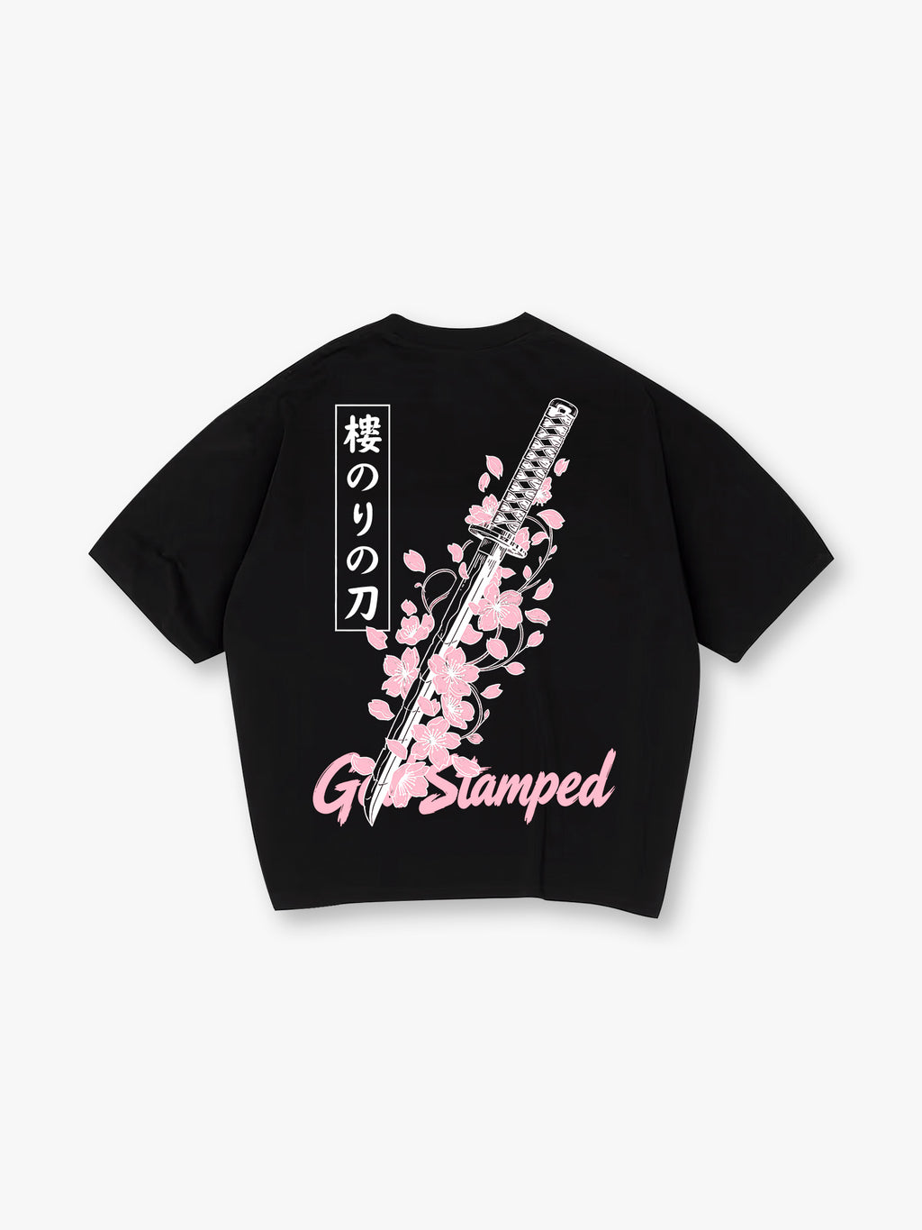 Sakura Cherry Blossom Katana Japanese Kanji God Stamped Back Print Cotton T-Shirt