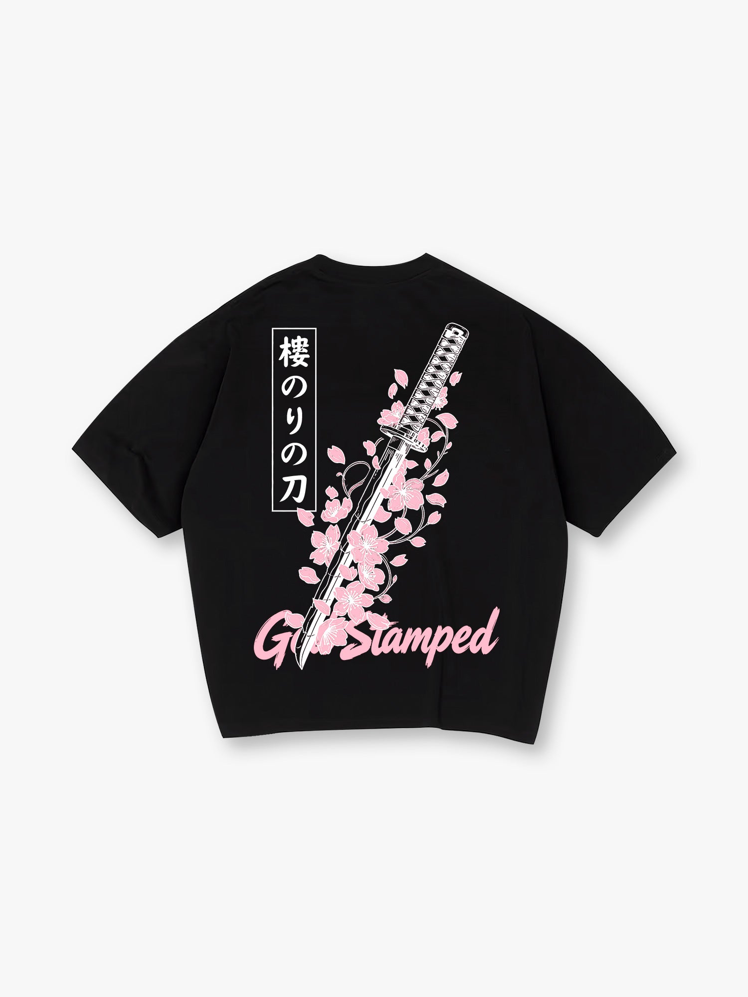Sakura Cherry Blossom Katana Japanese Kanji God Stamped Back Print Cotton T-Shirt