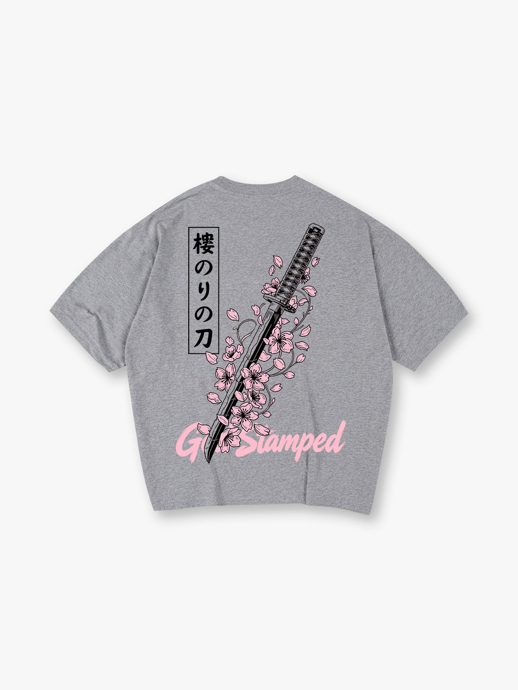 Sakura Cherry Blossom Katana Japanese Kanji God Stamped Back Print Cotton T-Shirt