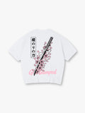 Sakura Cherry Blossom Katana Japanese Kanji God Stamped Back Print Cotton T-Shirt