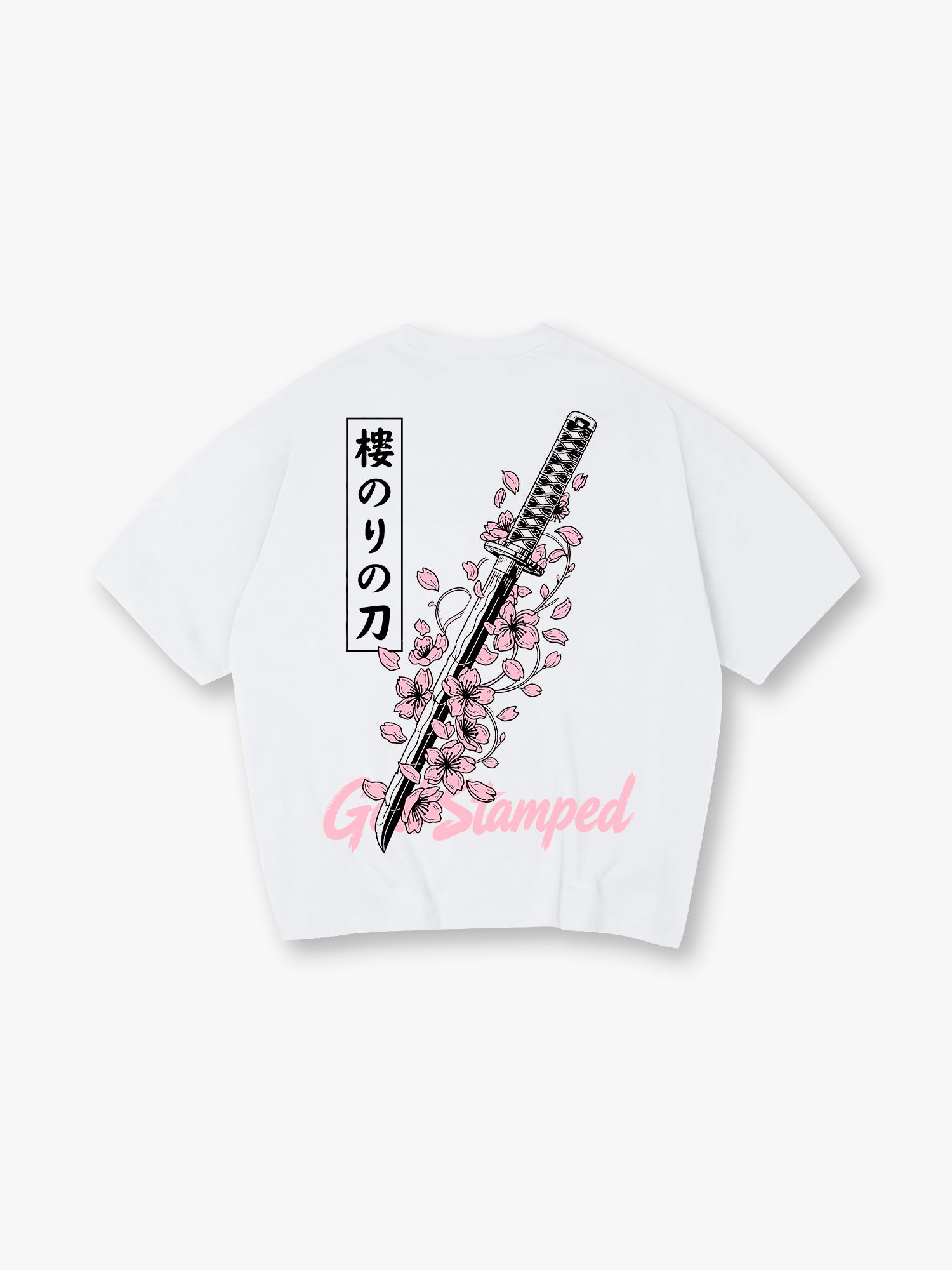 Sakura Cherry Blossom Katana Japanese Kanji God Stamped Back Print Cotton T-Shirt