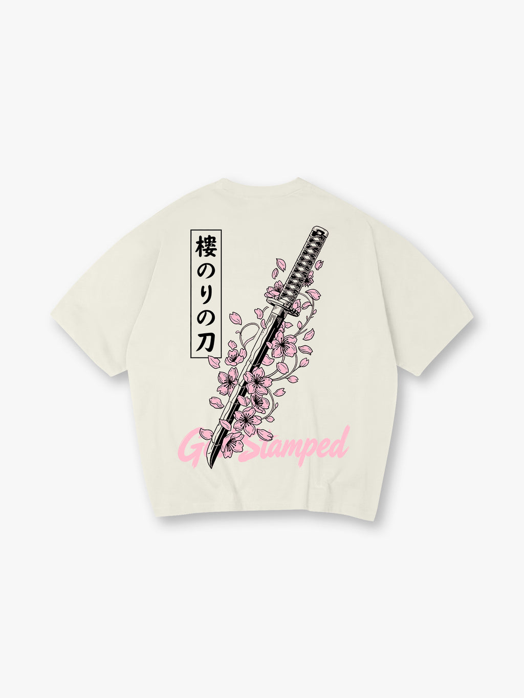 Sakura Cherry Blossom Katana Japanese Kanji God Stamped Back Print Cotton T-Shirt
