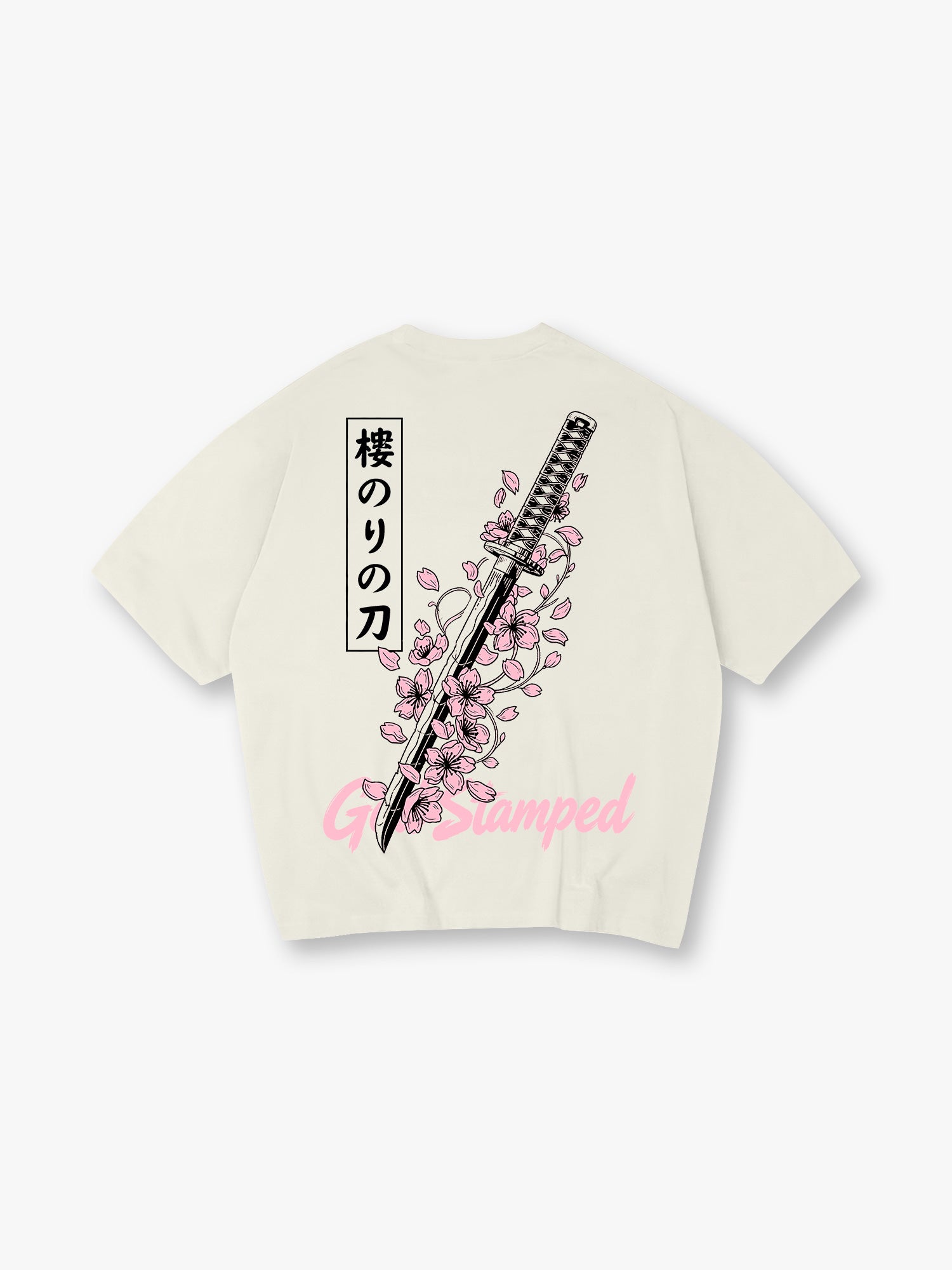 Sakura Cherry Blossom Katana Japanese Kanji God Stamped Back Print Cotton T-Shirt