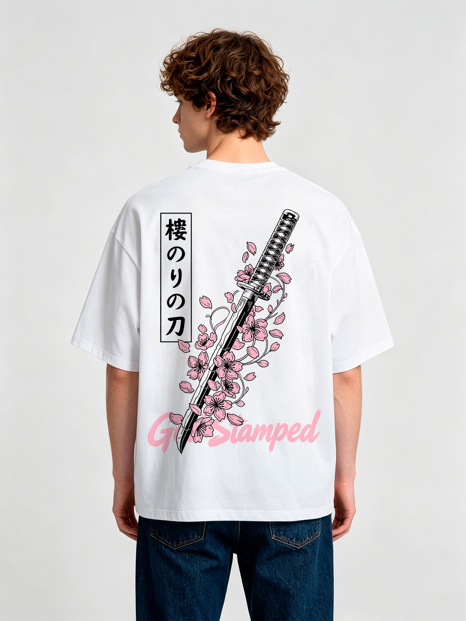 Sakura Cherry Blossom Katana Japanese Kanji God Stamped Back Print Cotton T-Shirt