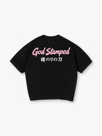 God Stamped Script Japanese Sakura Sword Kanji Back Print Cotton T-Shirt
