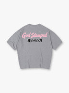 God Stamped Script Japanese Sakura Sword Kanji Back Print Cotton T-Shirt