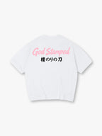 God Stamped Script Japanese Sakura Sword Kanji Back Print Cotton T-Shirt