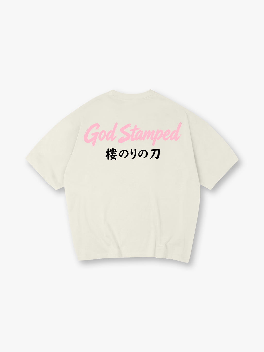 God Stamped Script Japanese Sakura Sword Kanji Back Print Cotton T-Shirt