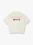 God Stamped Script Japanese Sakura Sword Kanji Back Print Cotton T-Shirt