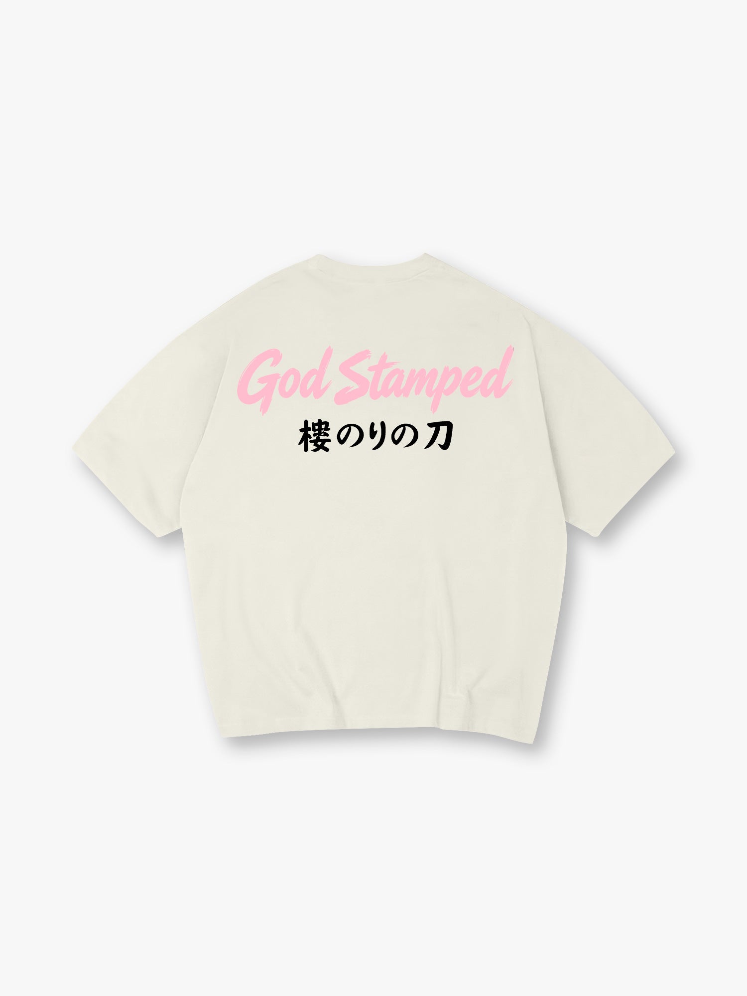 God Stamped Script Japanese Sakura Sword Kanji Back Print Cotton T-Shirt