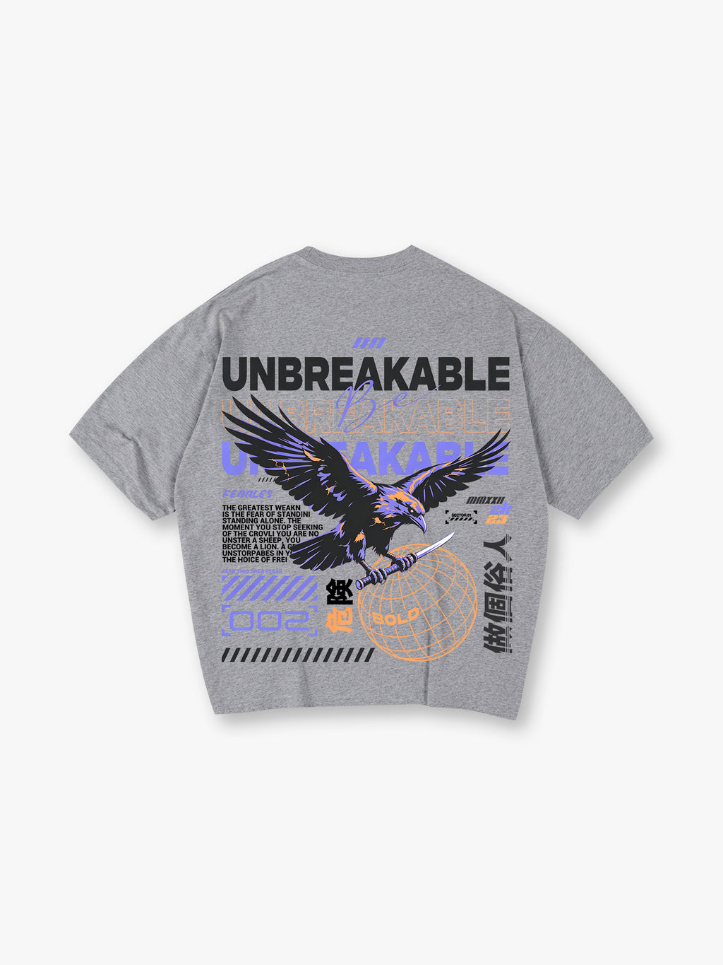 Unbreakable Raven Bird Globe Chinese Text Streetwear Back Print White Cotton T-Shirt