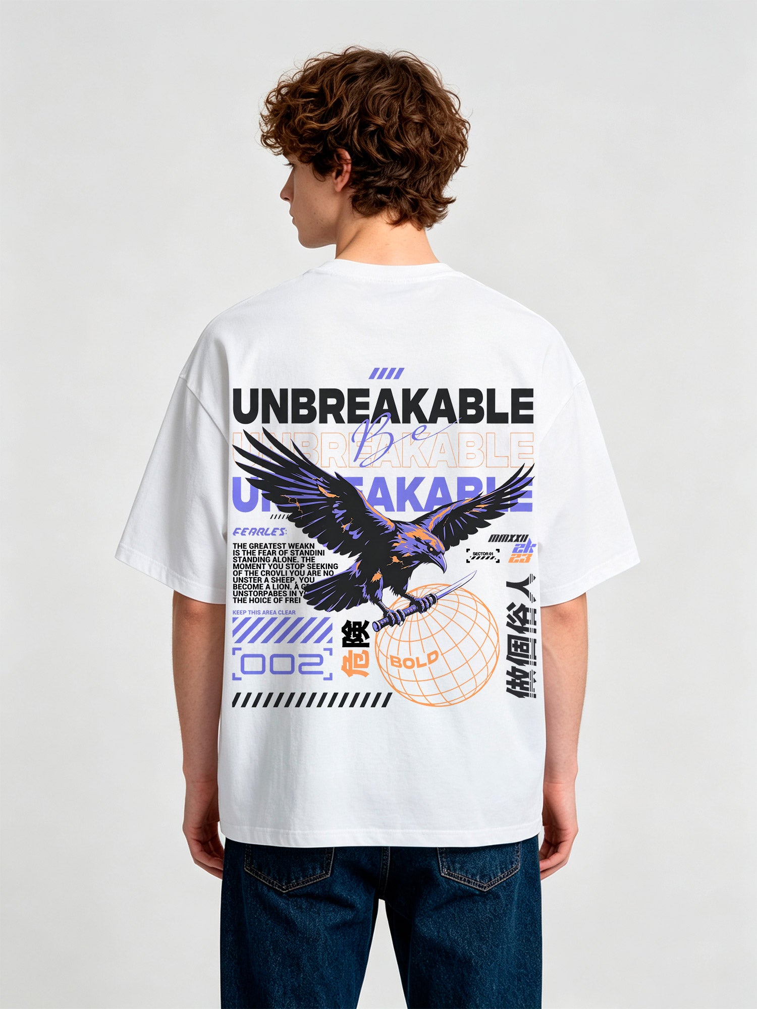 Unbreakable Raven Bird Globe Chinese Text Streetwear Back Print White Cotton T-Shirt
