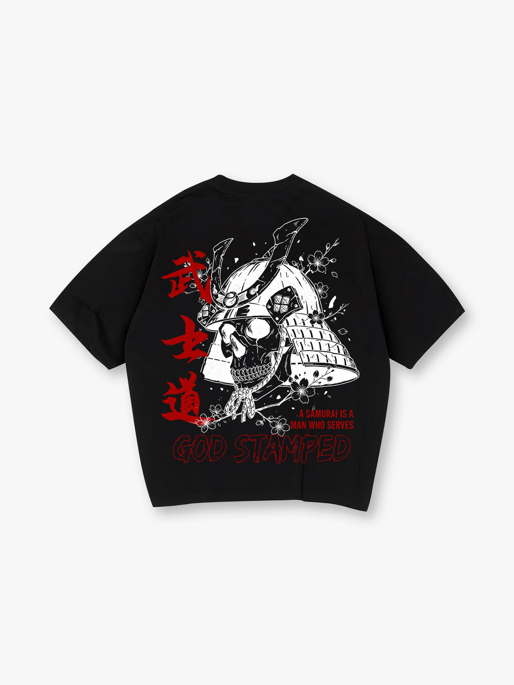 Samurai Helmet Skull Sakura God Stamped Back Print Cotton T-Shirt