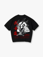 Samurai Helmet Skull Sakura God Stamped Back Print Cotton T-Shirt