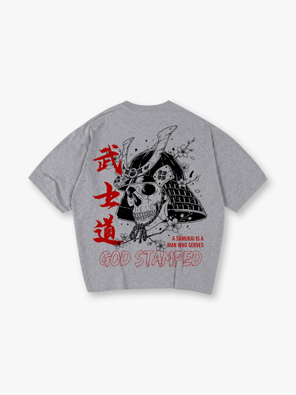 Samurai Helmet Skull Sakura God Stamped Back Print Cotton T-Shirt