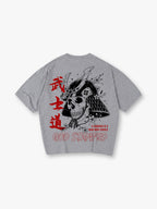 Samurai Helmet Skull Sakura God Stamped Back Print Cotton T-Shirt