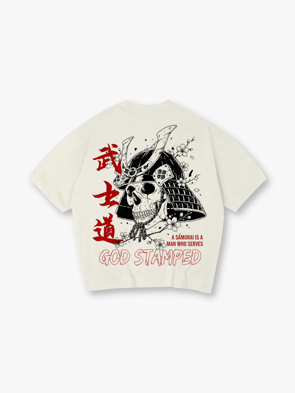 Samurai Helmet Skull Sakura God Stamped Back Print Cotton T-Shirt