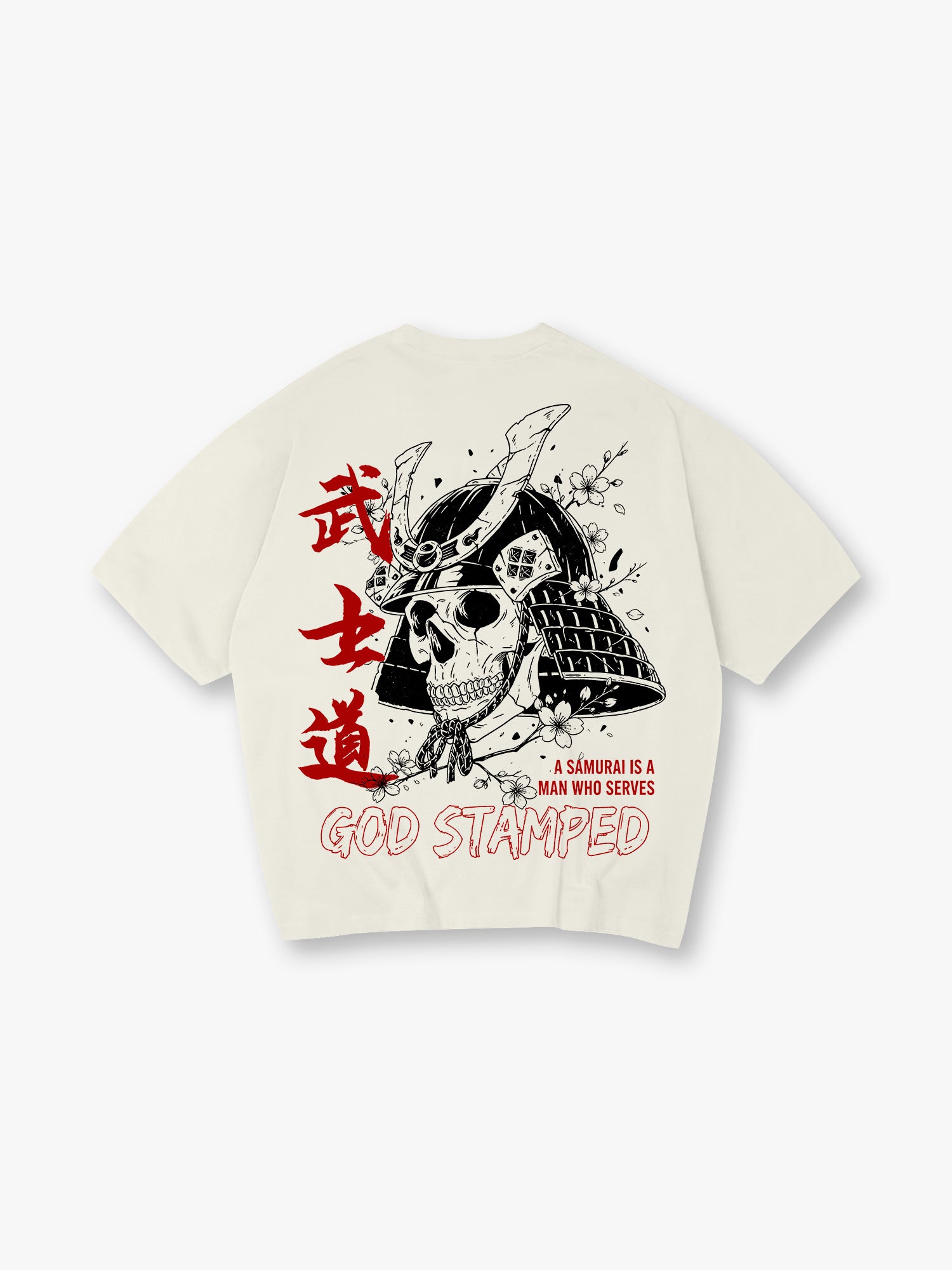Samurai Helmet Skull Sakura God Stamped Back Print Cotton T-Shirt