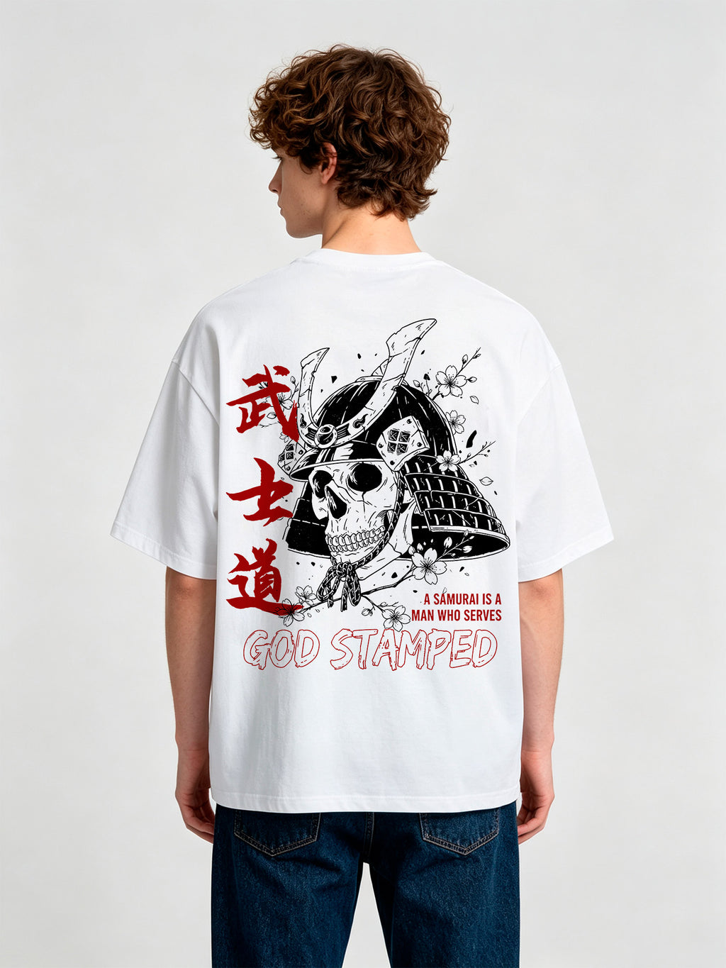 Samurai Helmet Skull Sakura God Stamped Back Print Cotton T-Shirt
