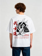 Samurai Helmet Skull Sakura God Stamped Back Print Cotton T-Shirt