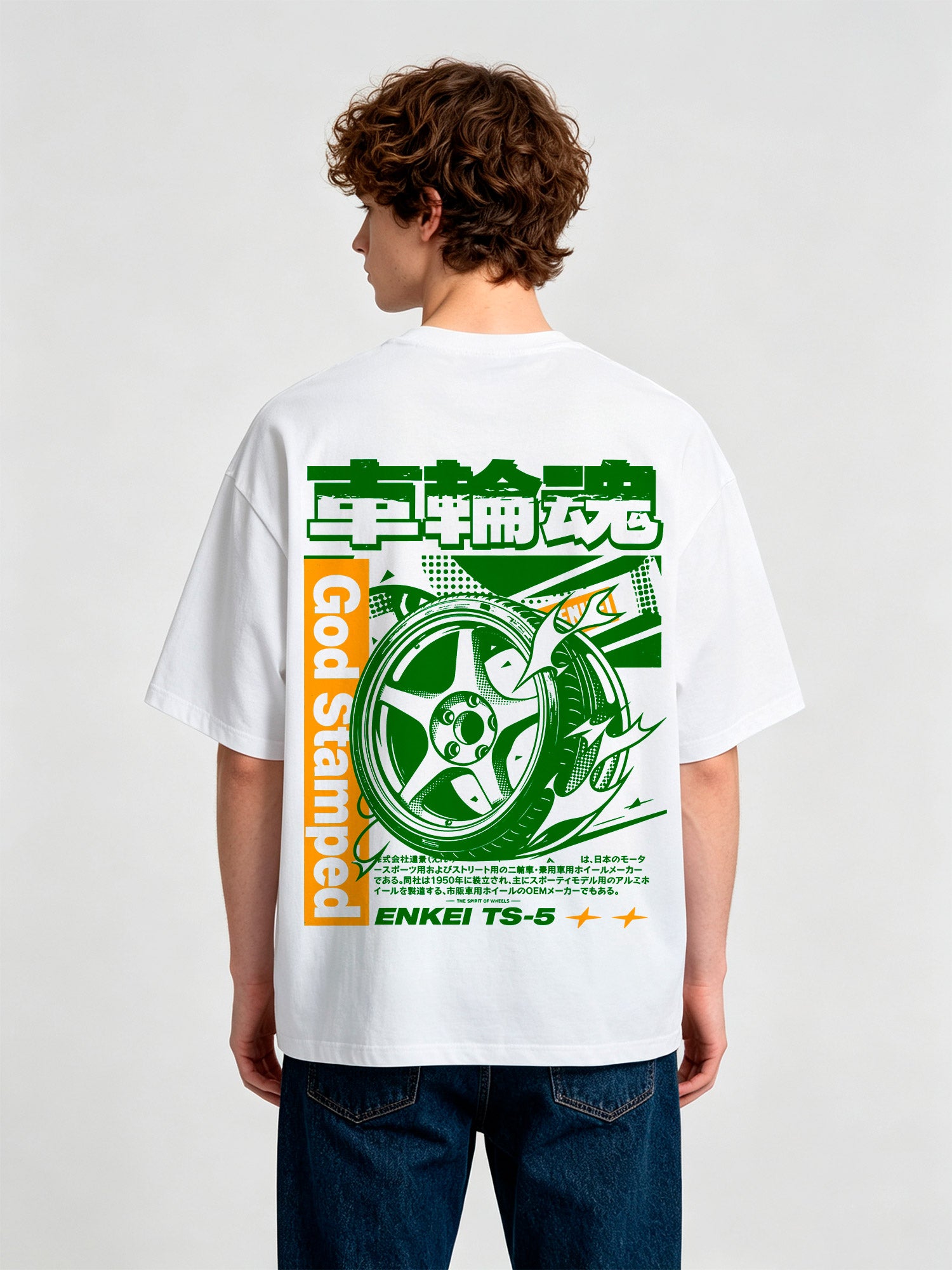 JDM Enkei TS-5 Wheel Japanese Kanji God Stamped Back Print White Cotton T-Shirt
