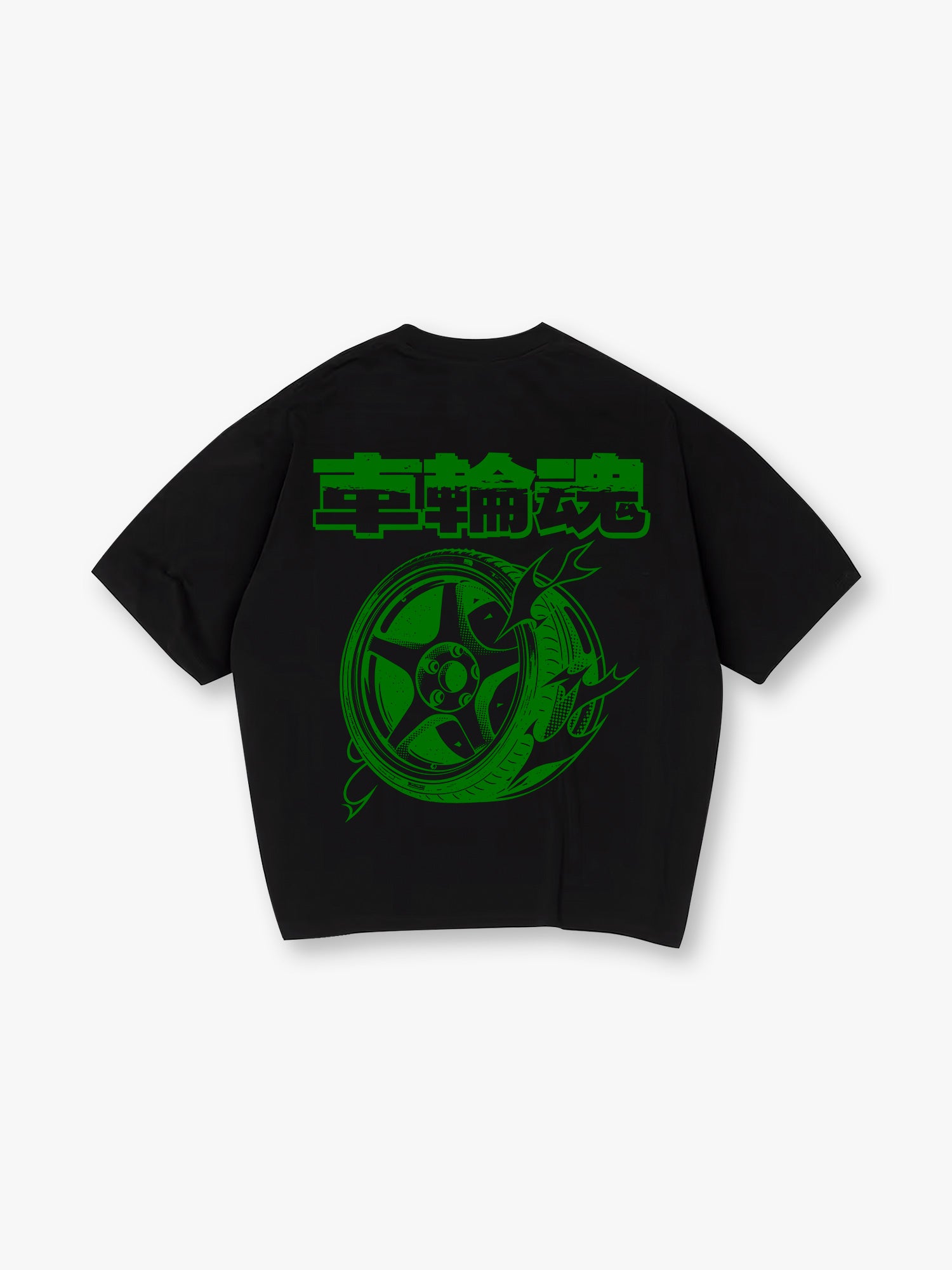 JDM Alloy Wheel Wheel Soul Japanese Kanji Green Graphic Back Print Cotton T-Shirt