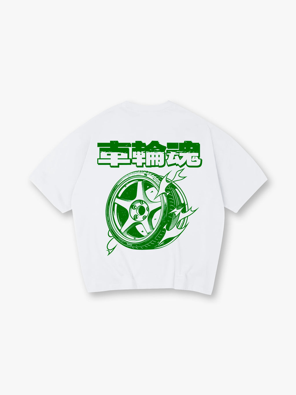 JDM Alloy Wheel Wheel Soul Japanese Kanji Green Graphic Back Print Cotton T-Shirt