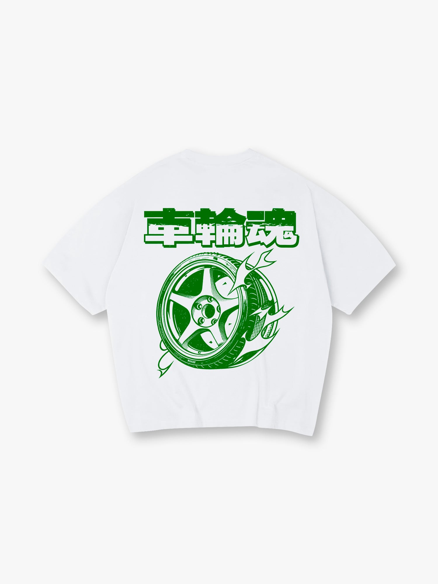 JDM Alloy Wheel Wheel Soul Japanese Kanji Green Graphic Back Print Cotton T-Shirt