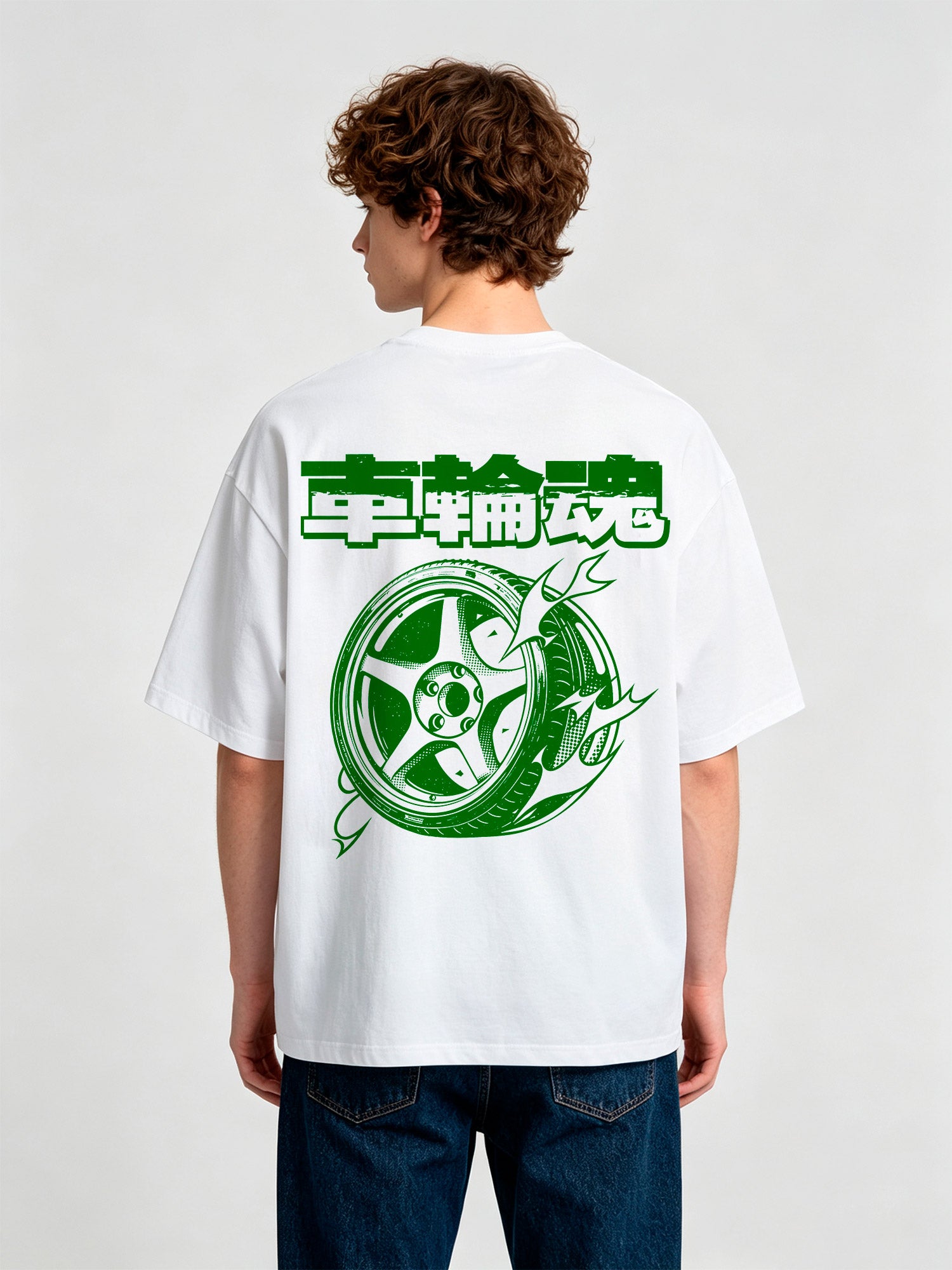 JDM Alloy Wheel Wheel Soul Japanese Kanji Green Graphic Back Print Cotton T-Shirt