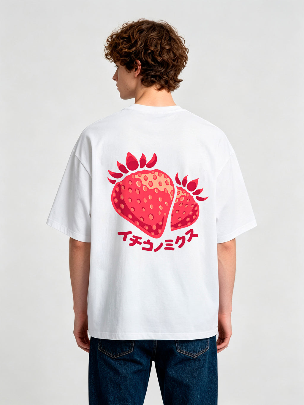 Cute Cartoon Strawberry Japanese Katakana Back Print Cotton Casual T-Shirt
