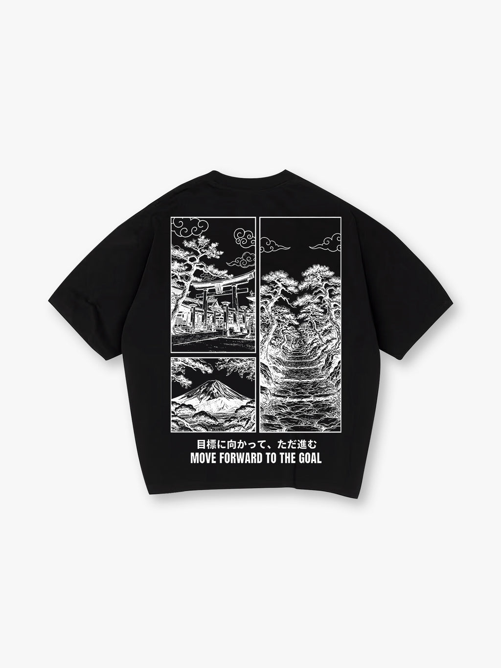 Blue Line Art Mount Fuji Torii Gate Pine Trail Japanese Motivational Text Cotton T-Shirt