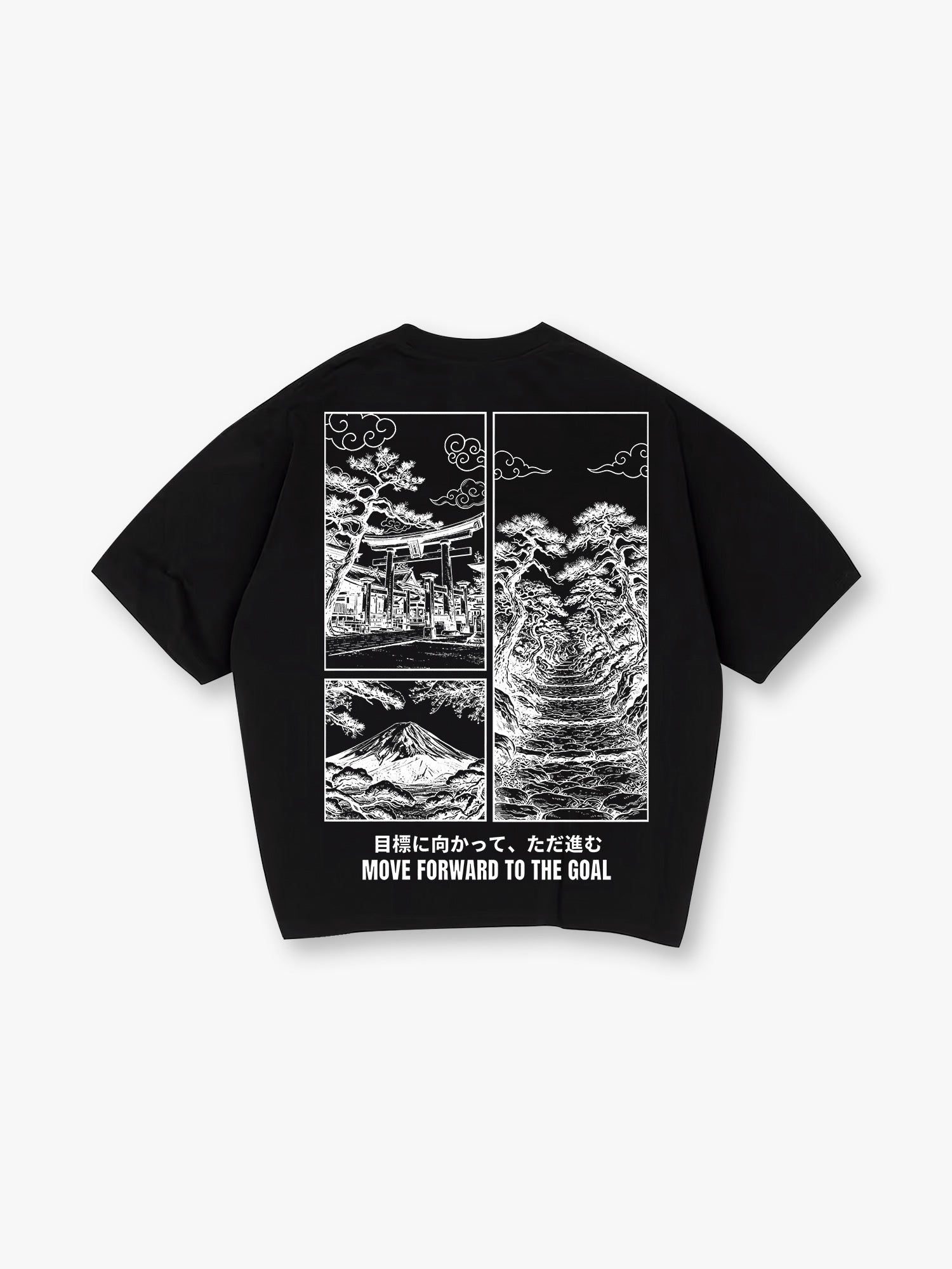 Blue Line Art Mount Fuji Torii Gate Pine Trail Japanese Motivational Text Cotton T-Shirt