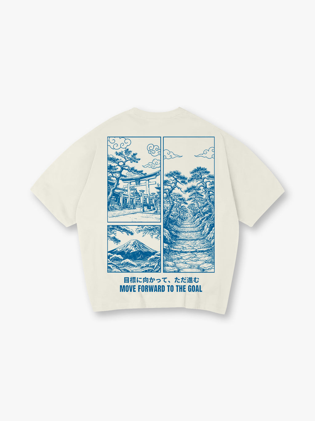 Blue Line Art Mount Fuji Torii Gate Pine Trail Japanese Motivational Text Cotton T-Shirt