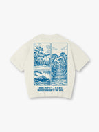 Blue Line Art Mount Fuji Torii Gate Pine Trail Japanese Motivational Text Cotton T-Shirt