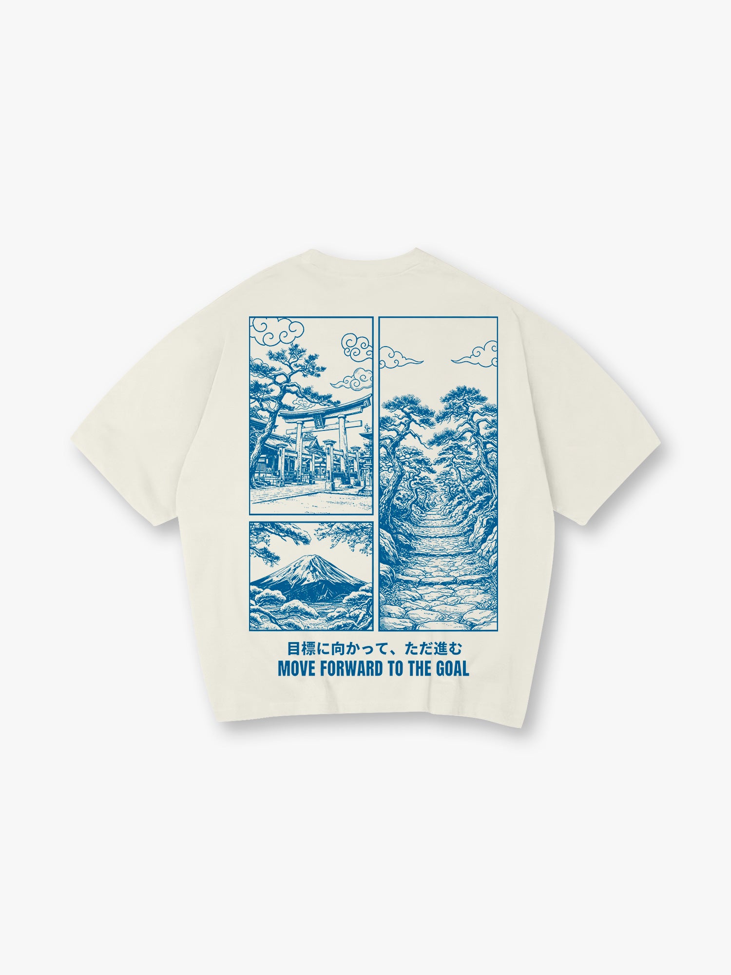 Blue Line Art Mount Fuji Torii Gate Pine Trail Japanese Motivational Text Cotton T-Shirt