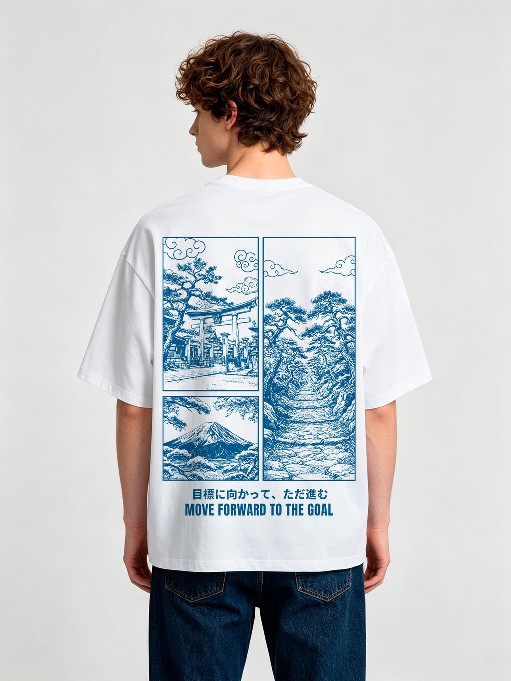 Blue Line Art Mount Fuji Torii Gate Pine Trail Japanese Motivational Text Cotton T-Shirt