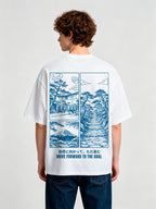 Blue Line Art Mount Fuji Torii Gate Pine Trail Japanese Motivational Text Cotton T-Shirt