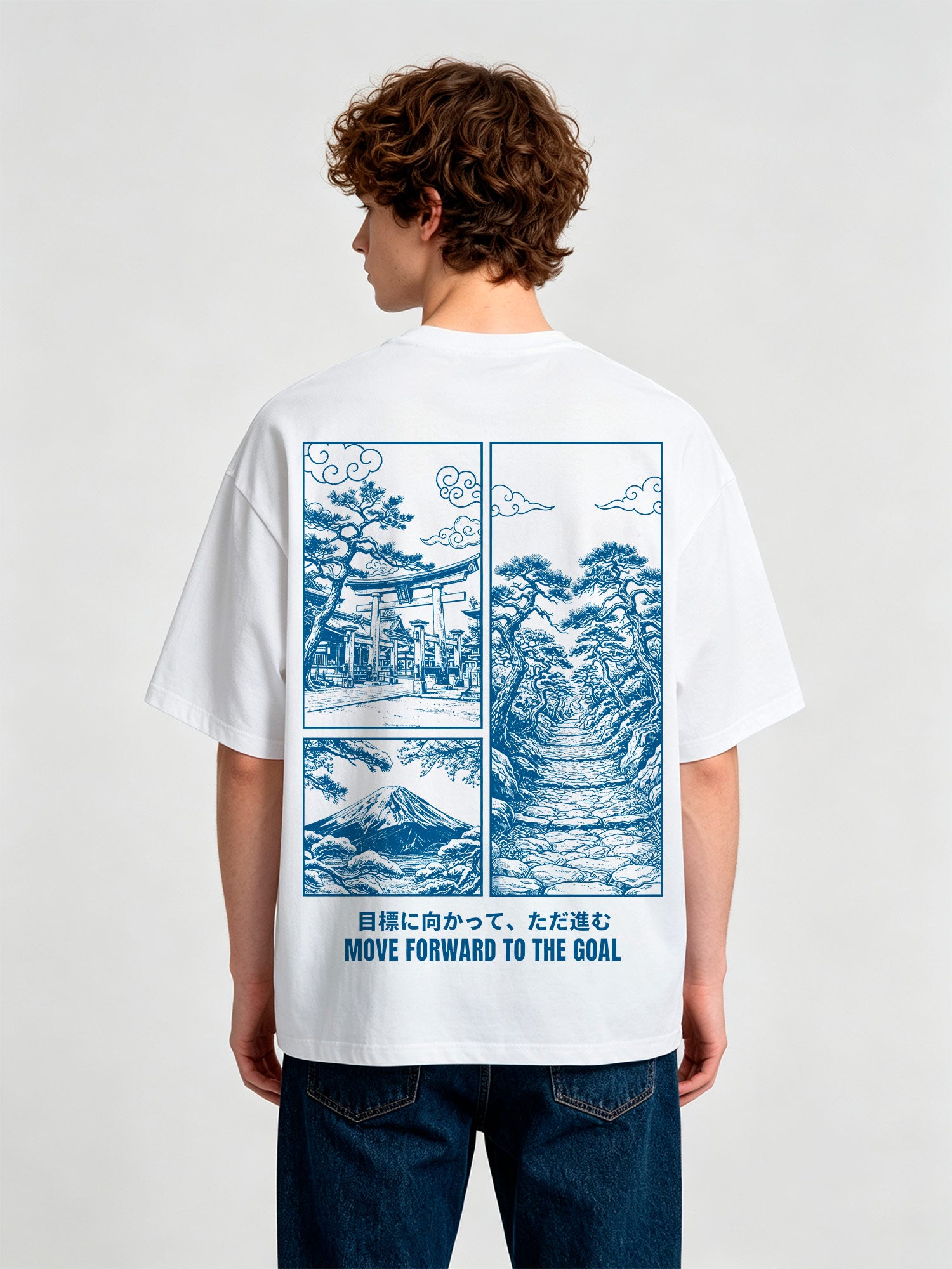 Blue Line Art Mount Fuji Torii Gate Pine Trail Japanese Motivational Text Cotton T-Shirt