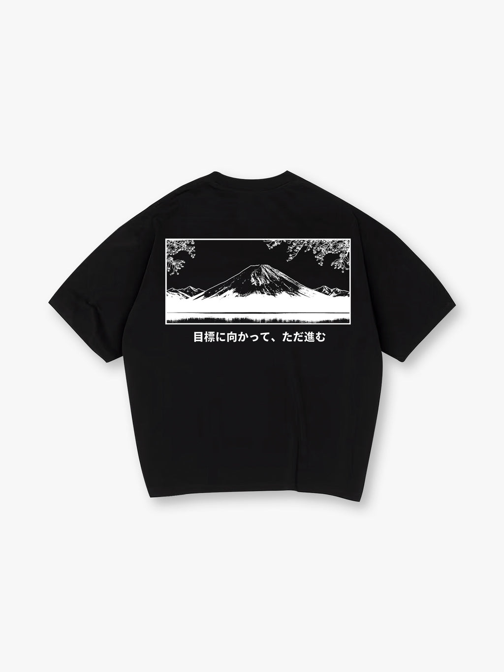 Minimal Blue Mount Fuji Cherry Blossom Japanese Motivational Text Back Print White Cotton T-Shirt