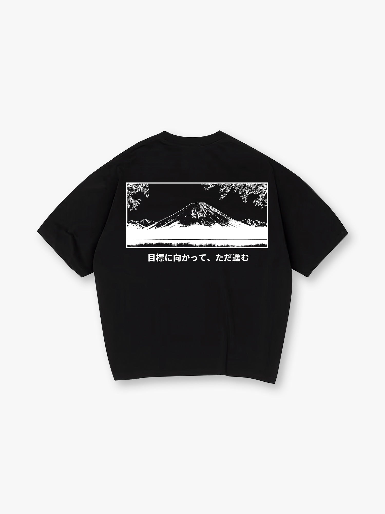 Minimal Blue Mount Fuji Cherry Blossom Japanese Motivational Text Back Print White Cotton T-Shirt