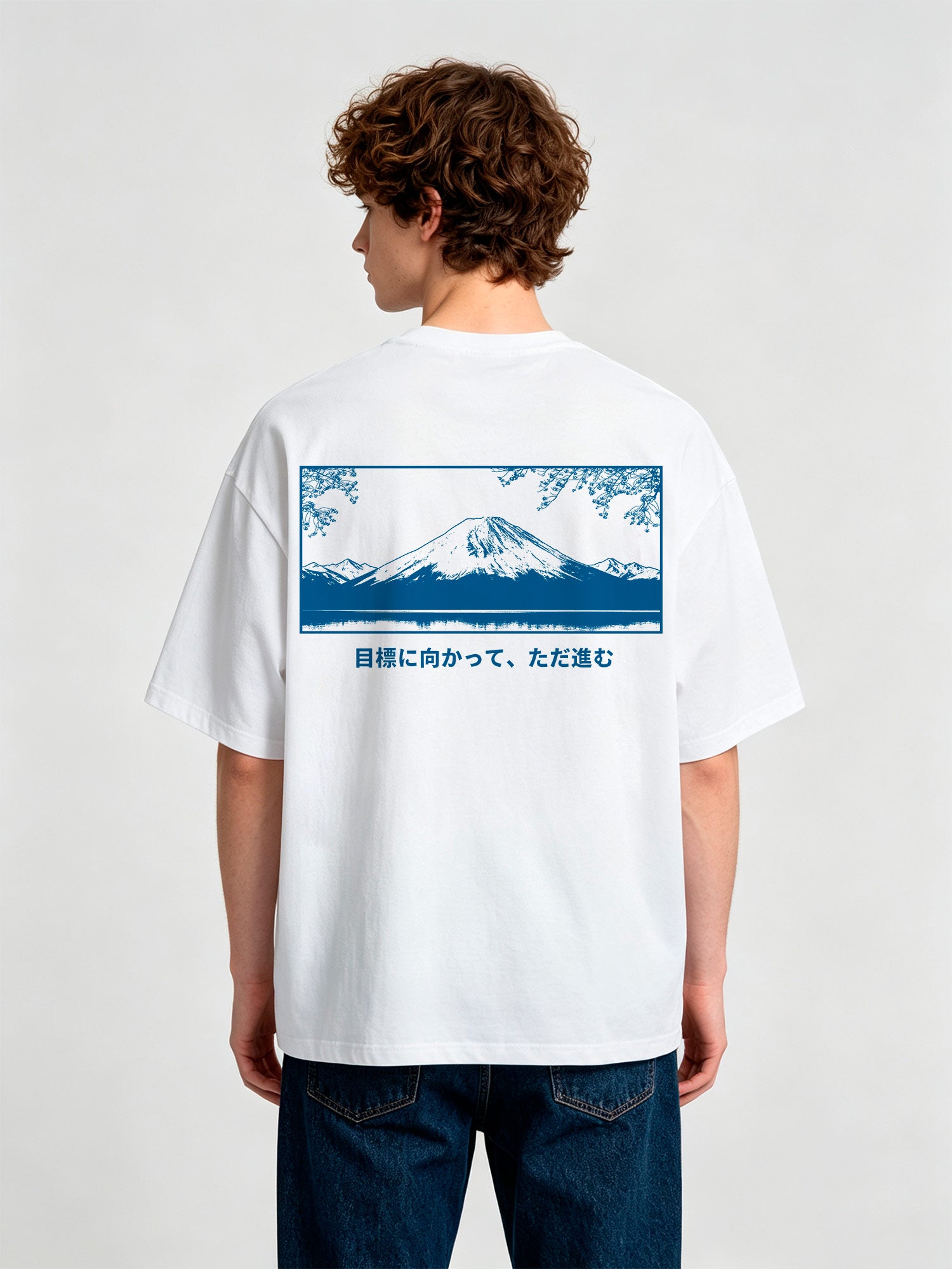 Minimal Blue Mount Fuji Cherry Blossom Japanese Motivational Text Back Print White Cotton T-Shirt