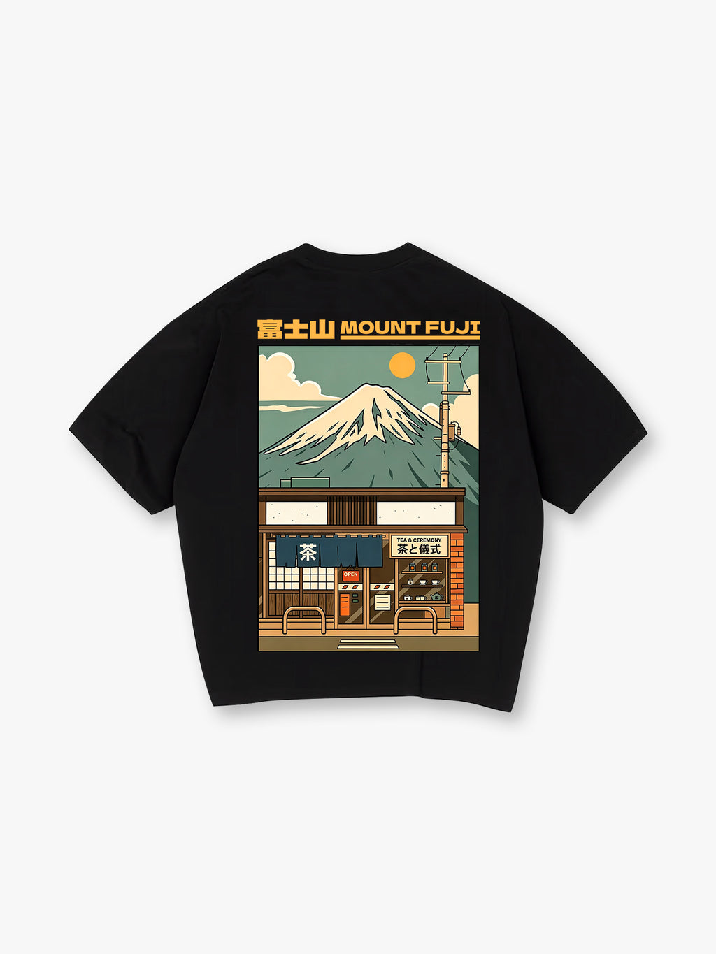 Vintage Mount Fuji Japanese Tea Shop Retro Anime Back Print Cotton T-Shirt
