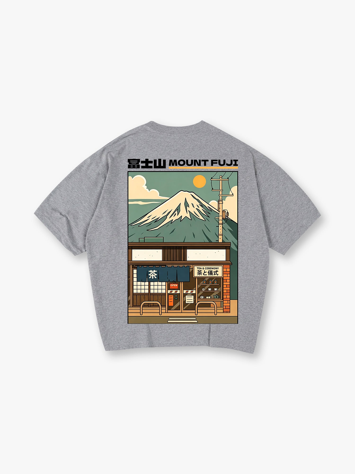 Vintage Mount Fuji Japanese Tea Shop Retro Anime Back Print Cotton T-Shirt