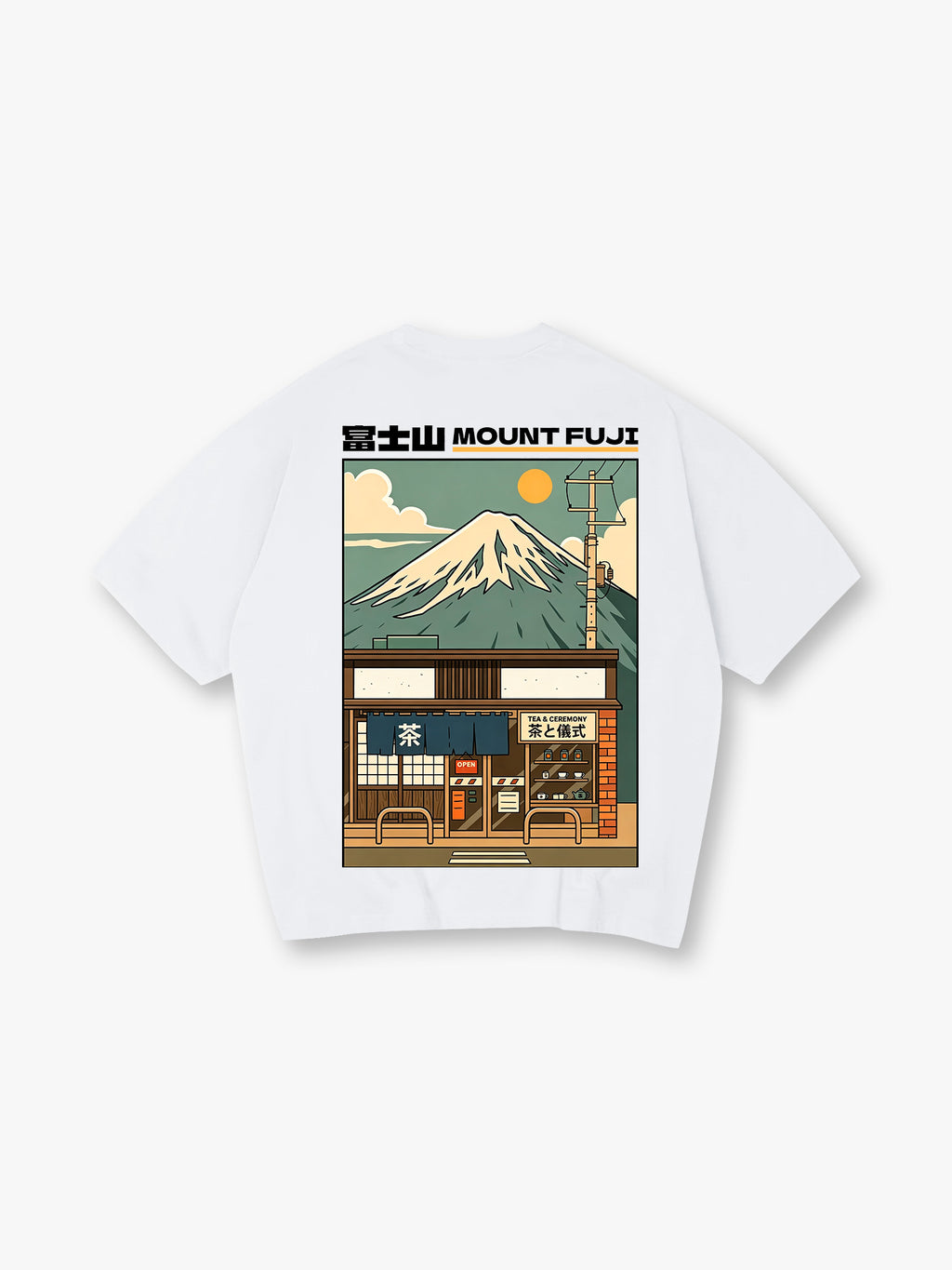 Vintage Mount Fuji Japanese Tea Shop Retro Anime Back Print Cotton T-Shirt