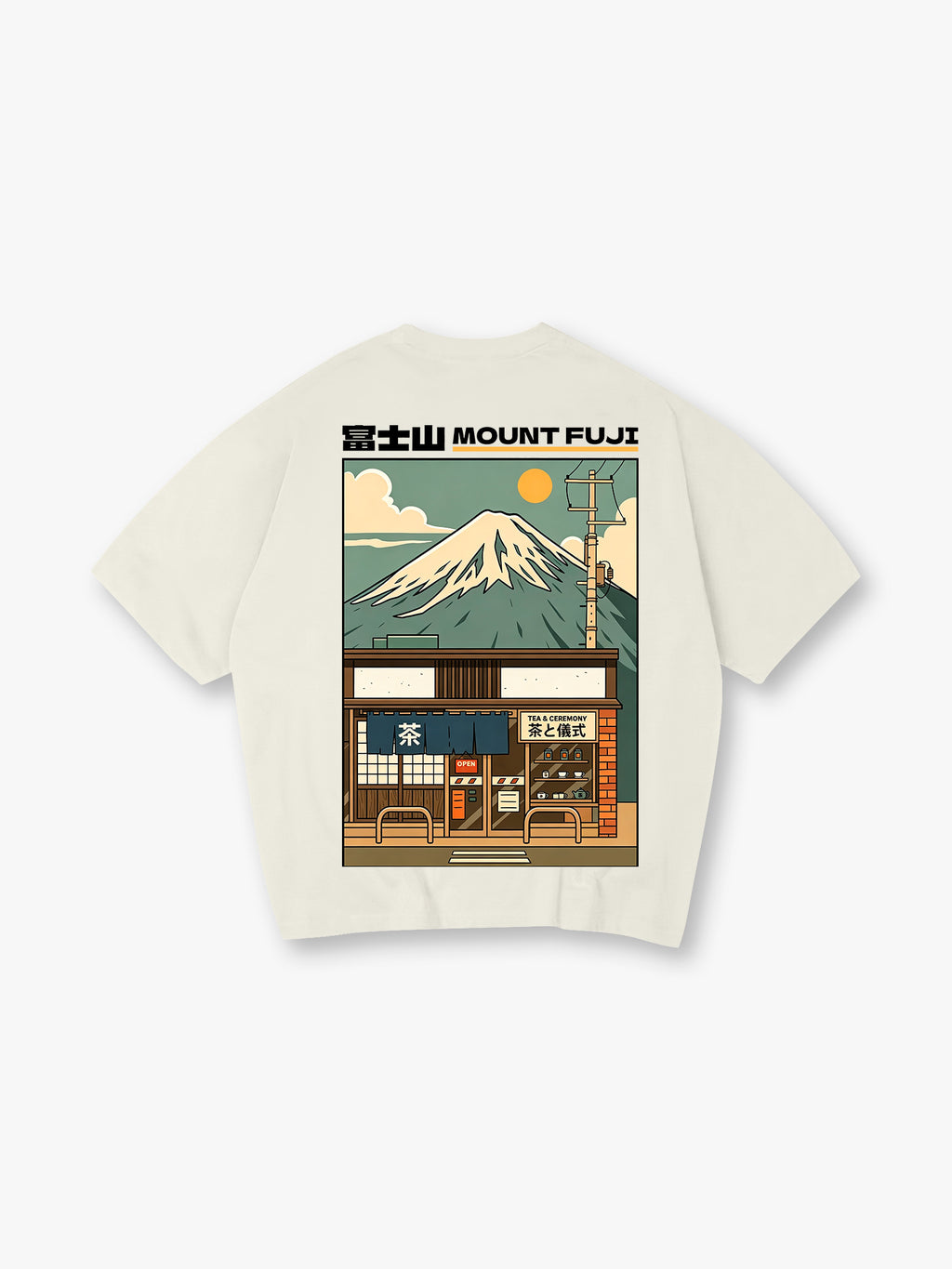 Vintage Mount Fuji Japanese Tea Shop Retro Anime Back Print Cotton T-Shirt
