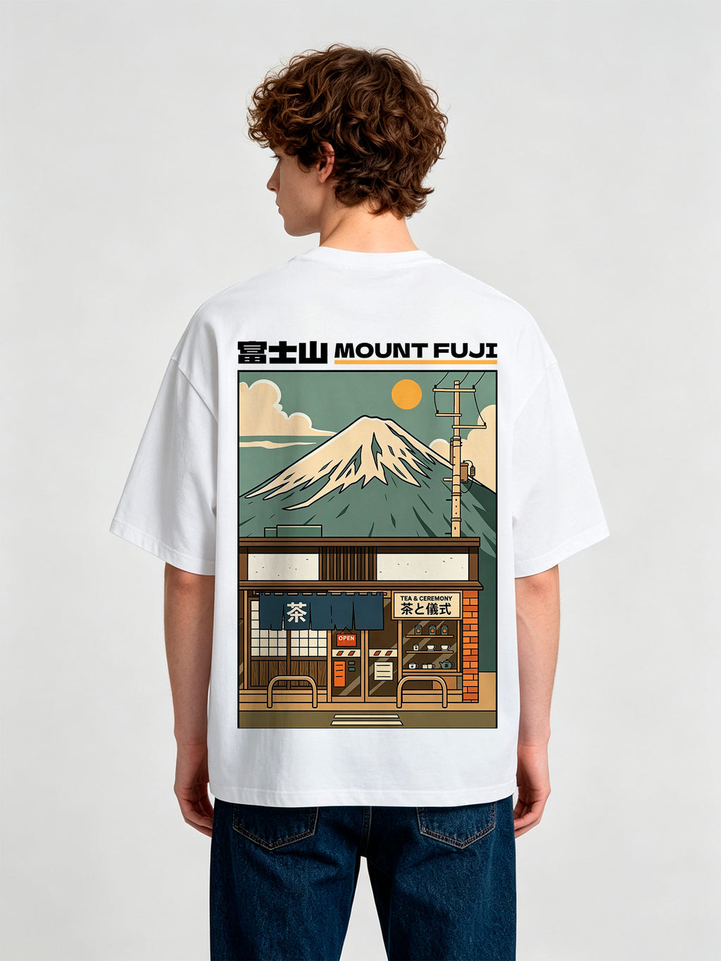 Vintage Mount Fuji Japanese Tea Shop Retro Anime Back Print Cotton T-Shirt