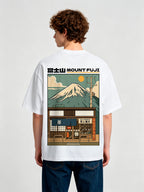 Vintage Mount Fuji Japanese Tea Shop Retro Anime Back Print Cotton T-Shirt