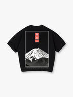 Minimal Grayscale Mount Fuji Red Vertical Kanji Frame Back Print Cotton T-Shirt